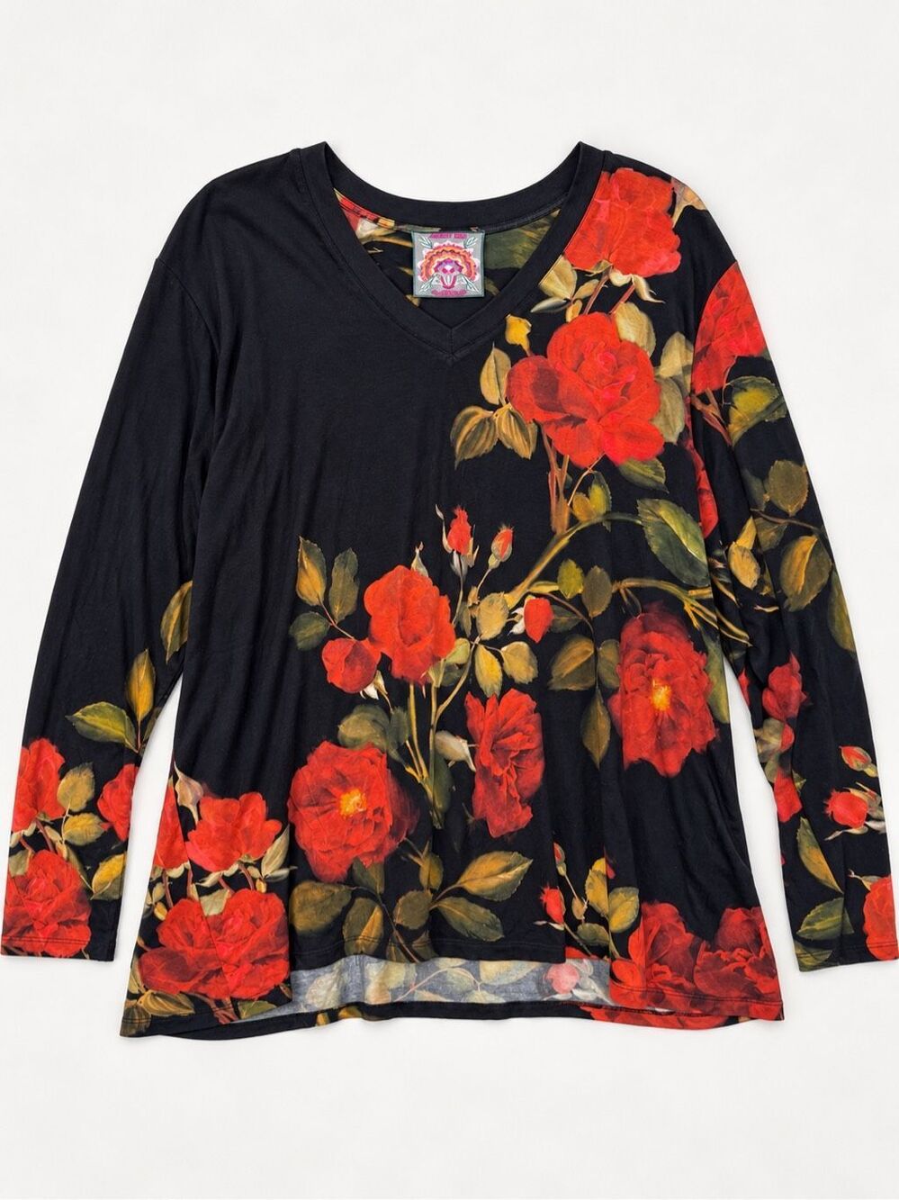 Johnny Was The Favorite Janie Long Sleeve V Neck Tee Sz 3X Rosana Floral Print